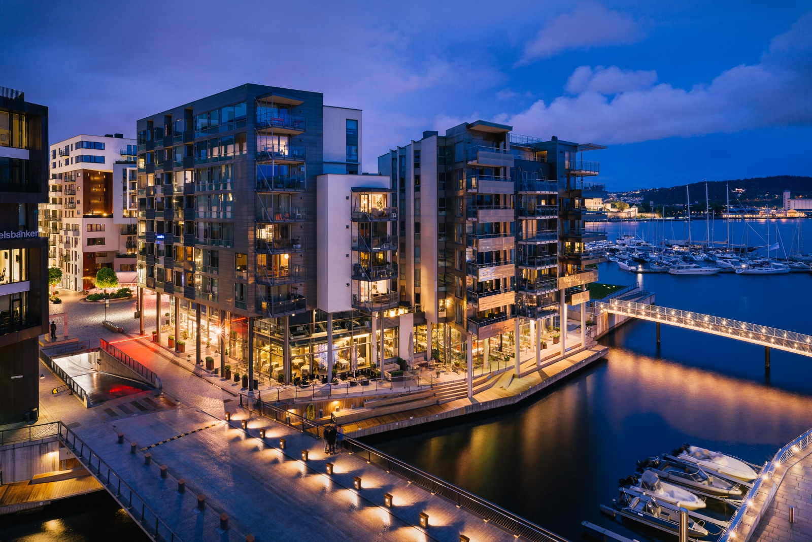 Exterior view at night of The Thief in Oslo Norway