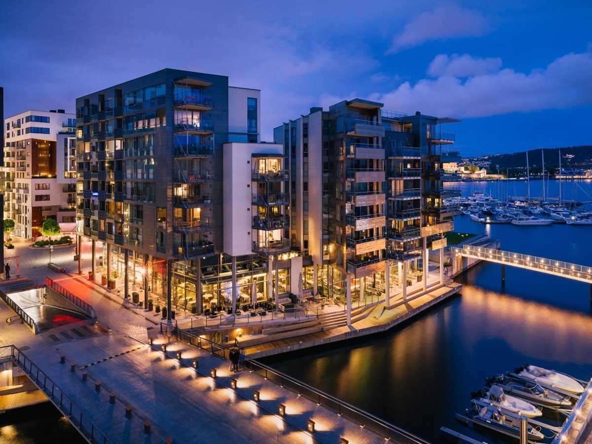Exterior view at night of The Thief in Oslo Norway