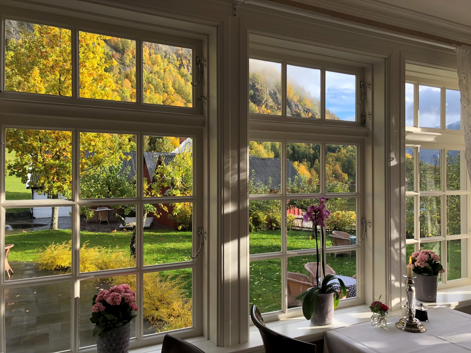 View of gardens and lake from restaurant of Walaker Hotel in Norway