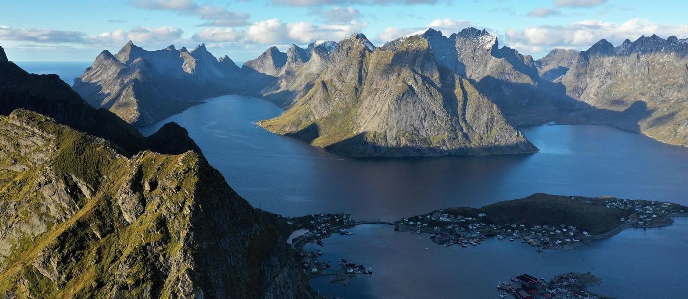 Aerial view of dramatic mountain scenery in Lofoten Norway