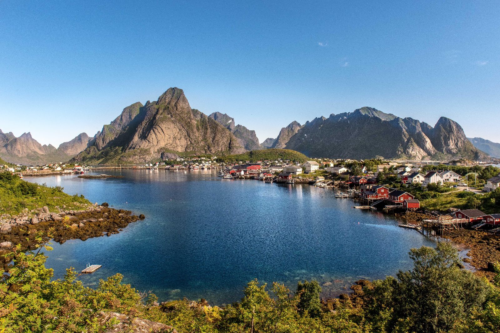Picturesque bay with mountain backdrop in the Lofoten Islands Norway