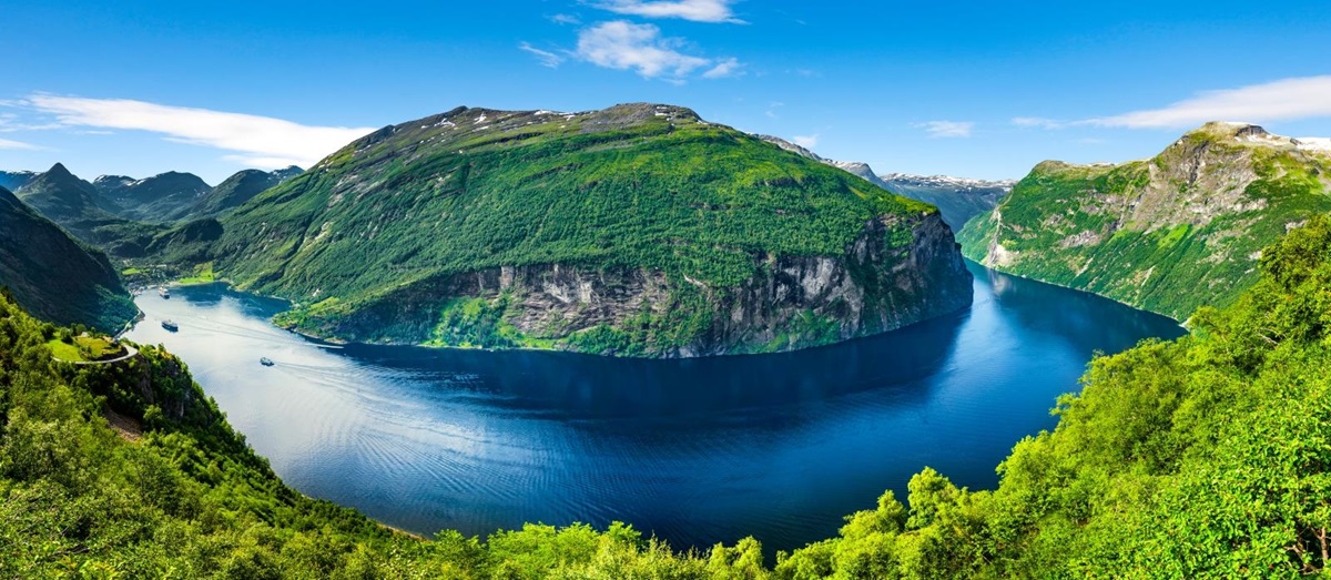 Panoramic view of Geiranger Fjord in Norway