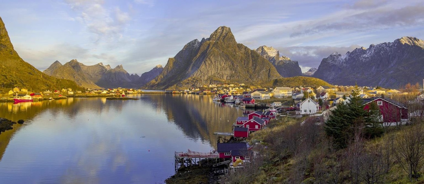 Mountain and fjord scenery in the Lofoten Islands Norway