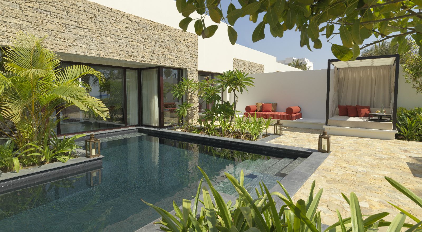 Terrace of a beach view pool villa at the Al Baleed Salalah by Anantara resort in Oman