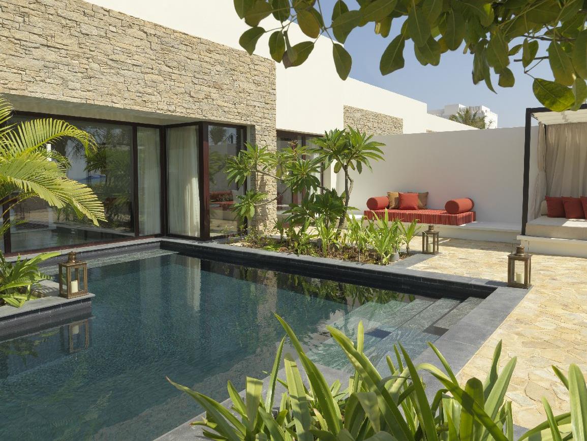 Terrace of a beach view pool villa at the Al Baleed Salalah by Anantara resort in Oman