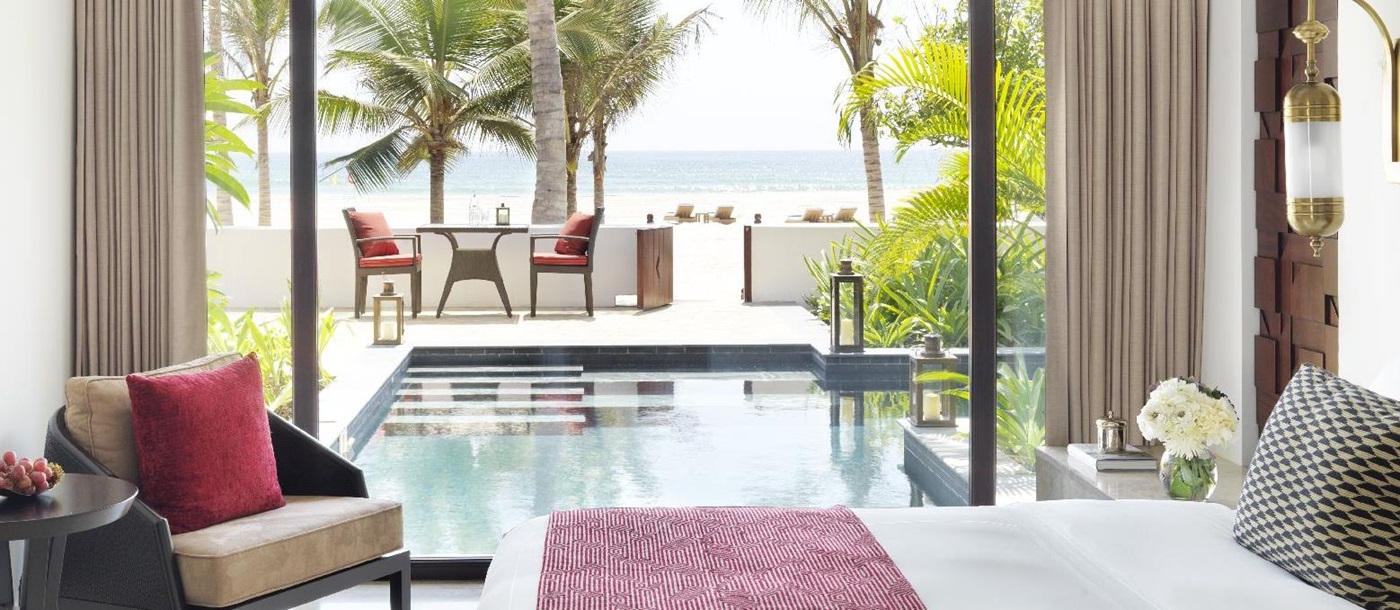 A beach view pool villa at the Al Baleed Salalah by Anantara resort in Oman