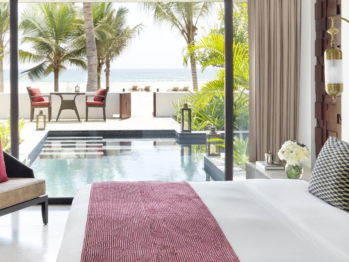 A beach view pool villa at the Al Baleed Salalah by Anantara resort in Oman
