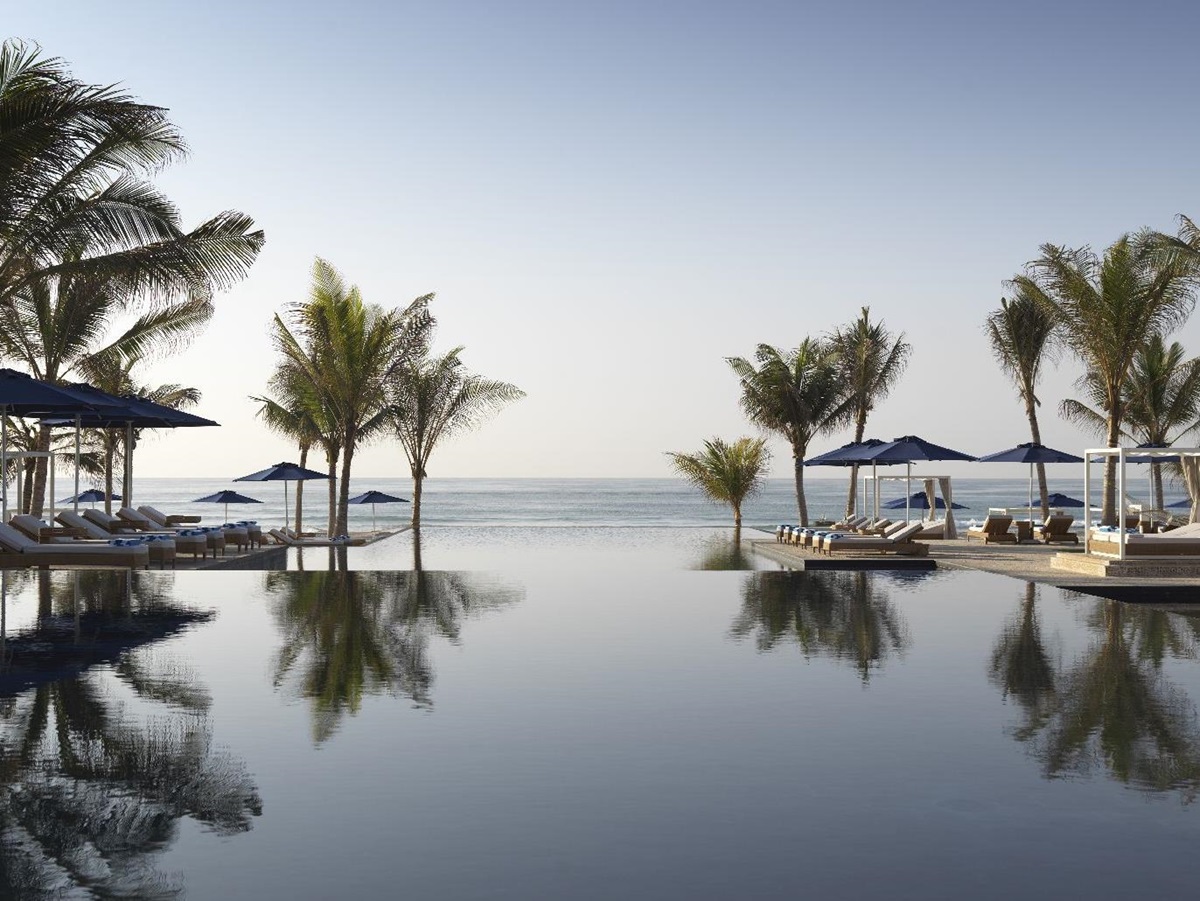Sea facing swimming pool at the Al Baleed Salalah by Anantara resort in Oman