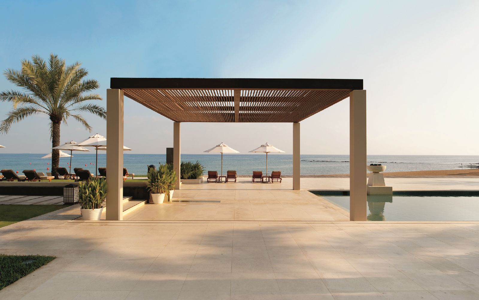 Pool terrace and sea views at the Al Bustan Palace Muscat Oman
