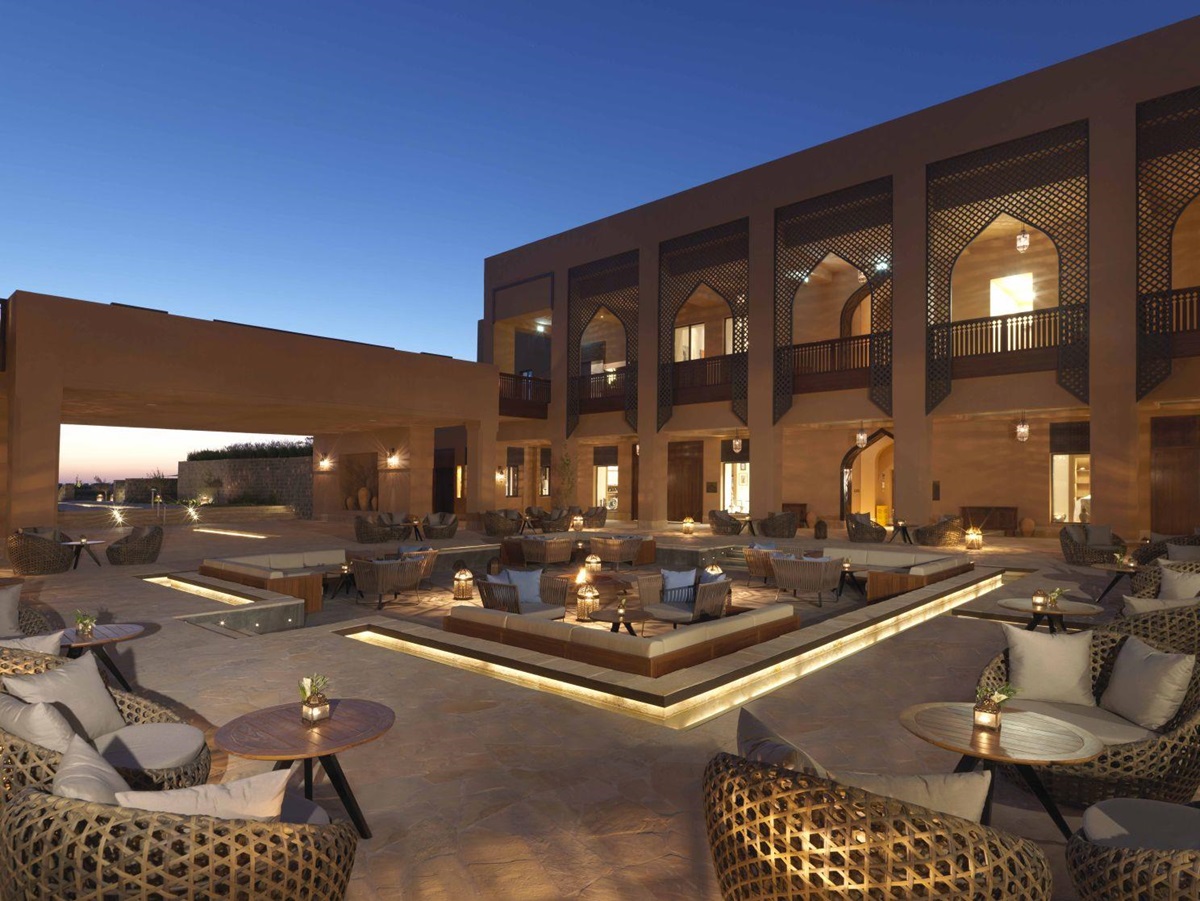 Wicker furniture on the courtyard patio at the Anantara Al Jabal Al Akhdar Resort in Oman