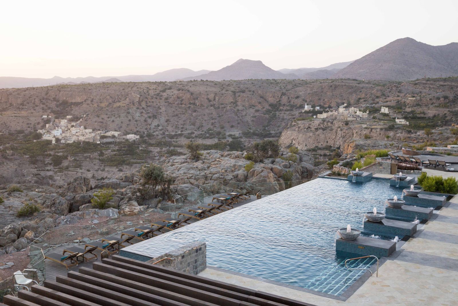 The cliff top pool with views of the surrounding mountains at the Anantara Al Jabal Al Akhdar Resort in Oman