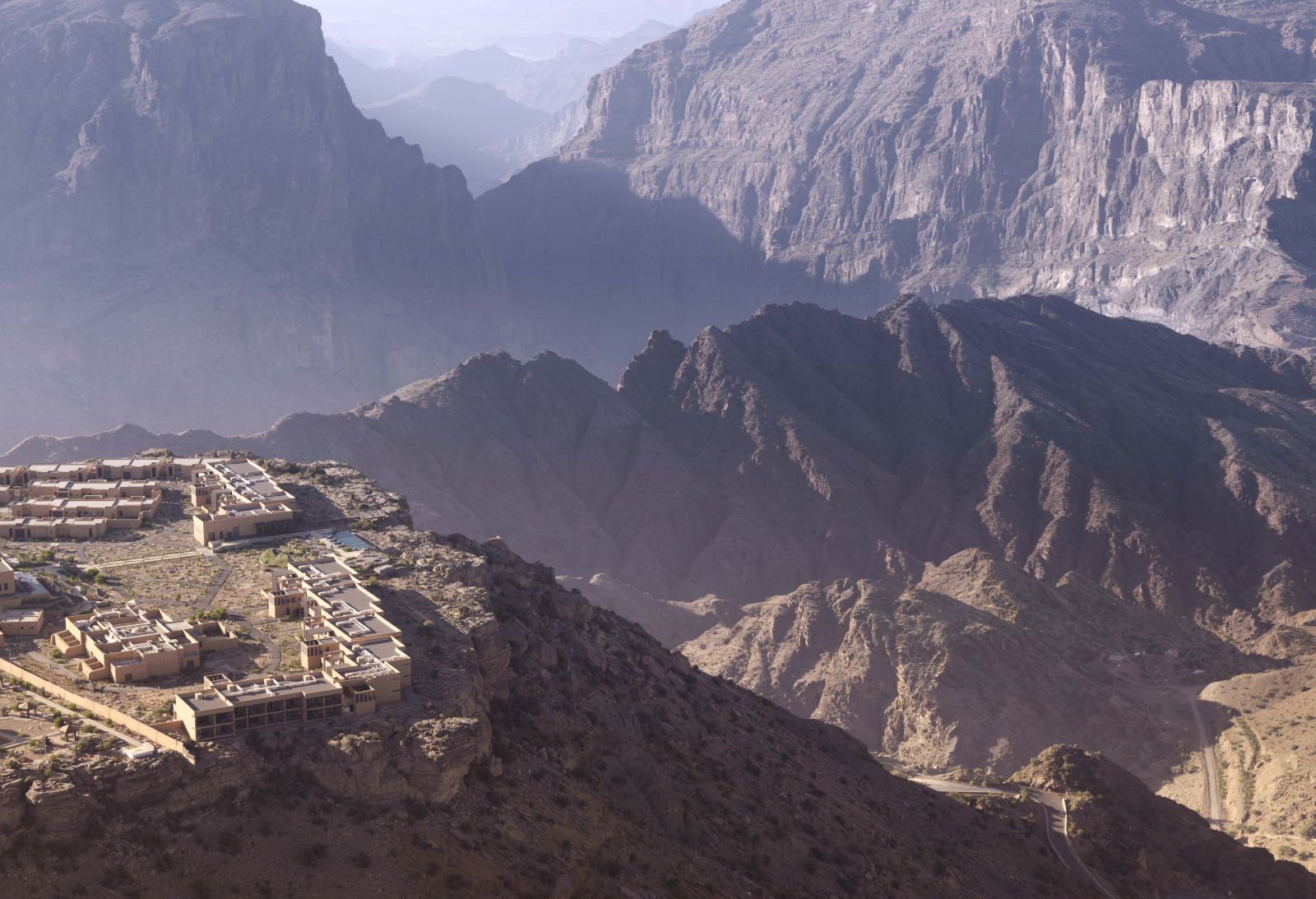 An aerial view of Anantara Al Jabal Al Akhdar Resort in the mountains