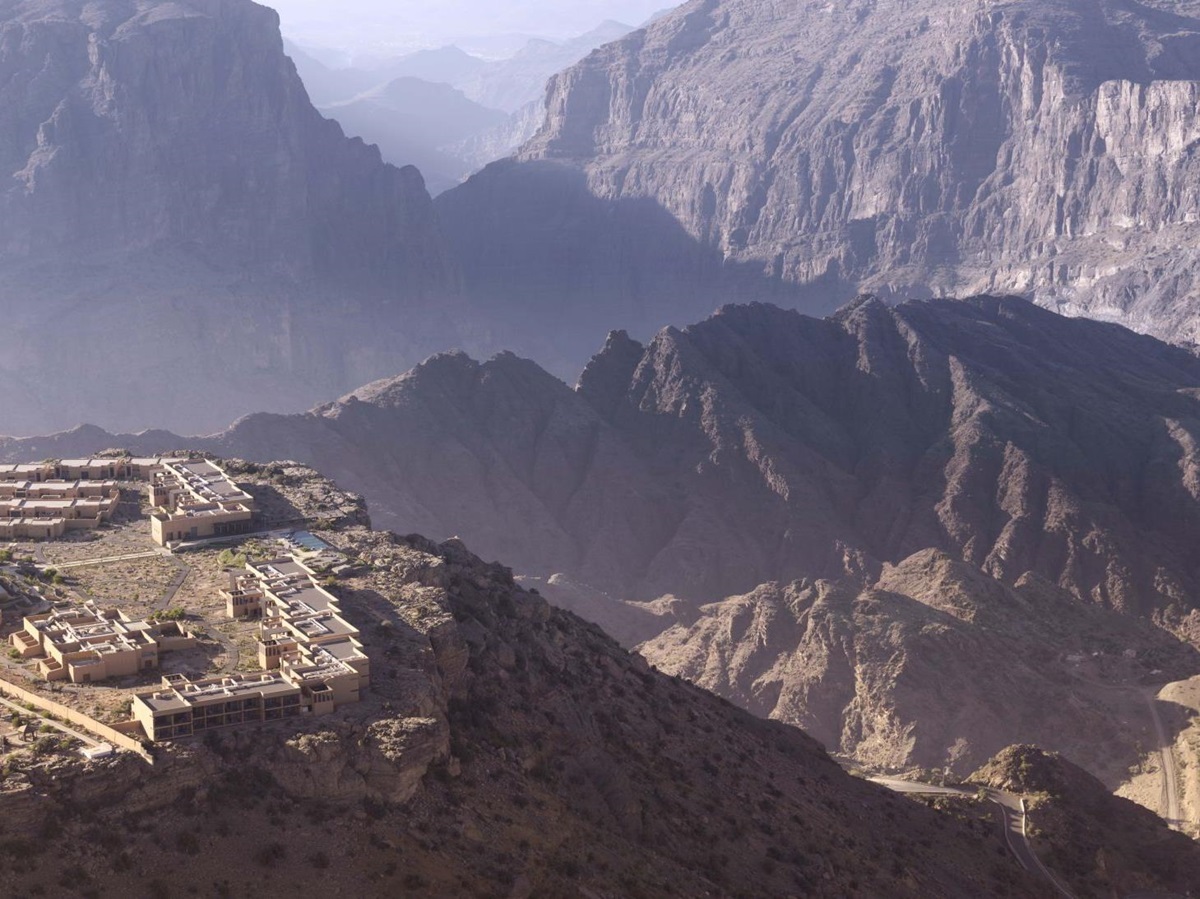 An aerial view of Anantara Al Jabal Al Akhdar Resort in the mountains
