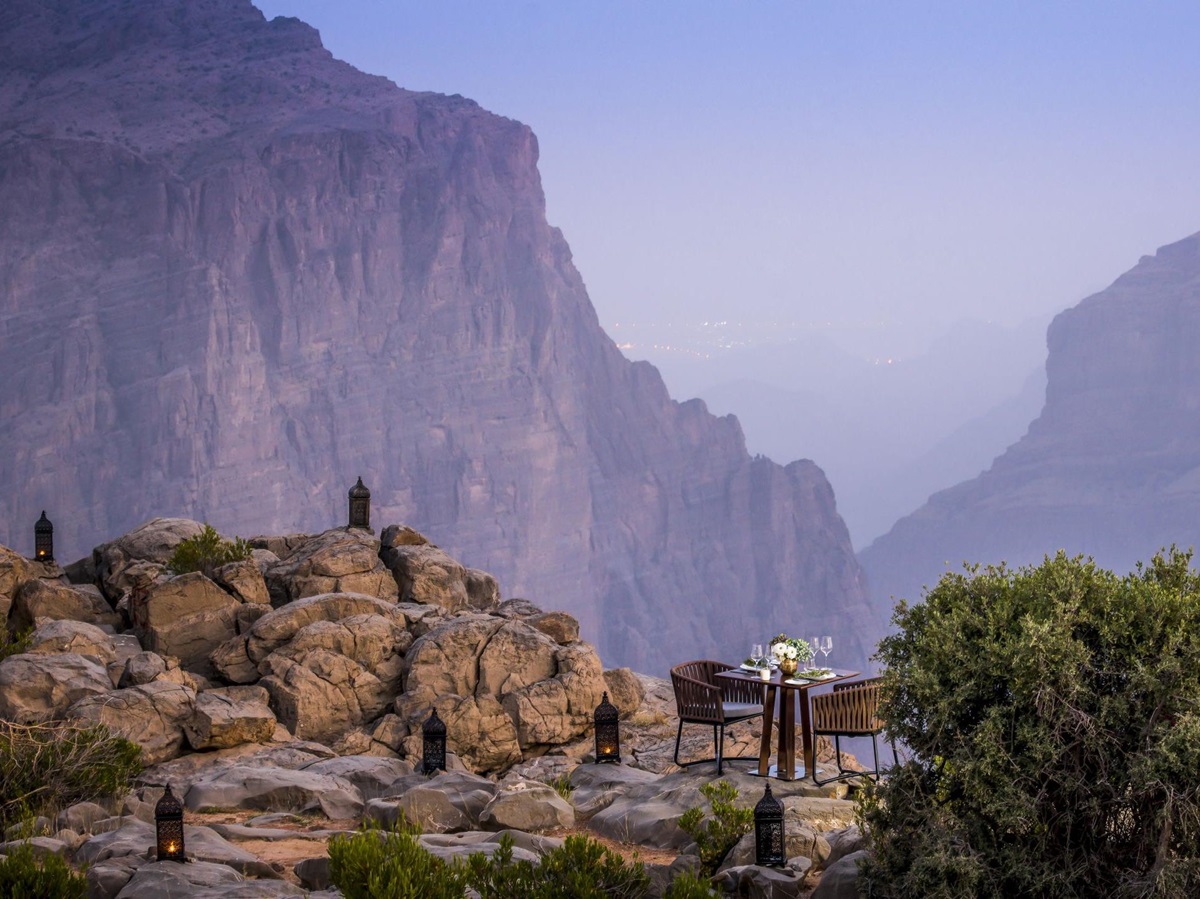 Outdoor dining with mountainous backdrop form Anantara Al Jabal Al Akhdar Resort, Oman