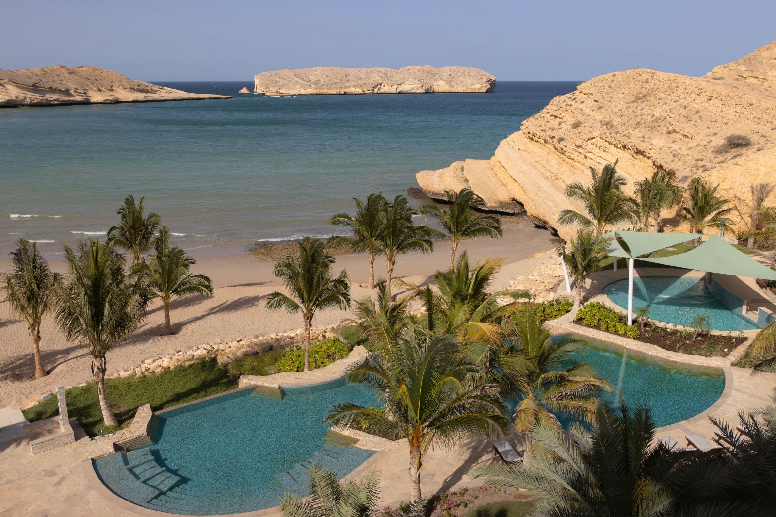 Aerial view of the pools at Jumeirah Muscat Bay in Oman