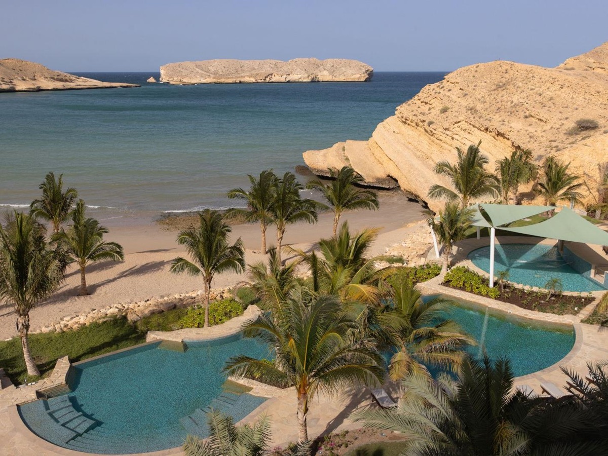 Aerial view of the pools at Jumeirah Muscat Bay in Oman