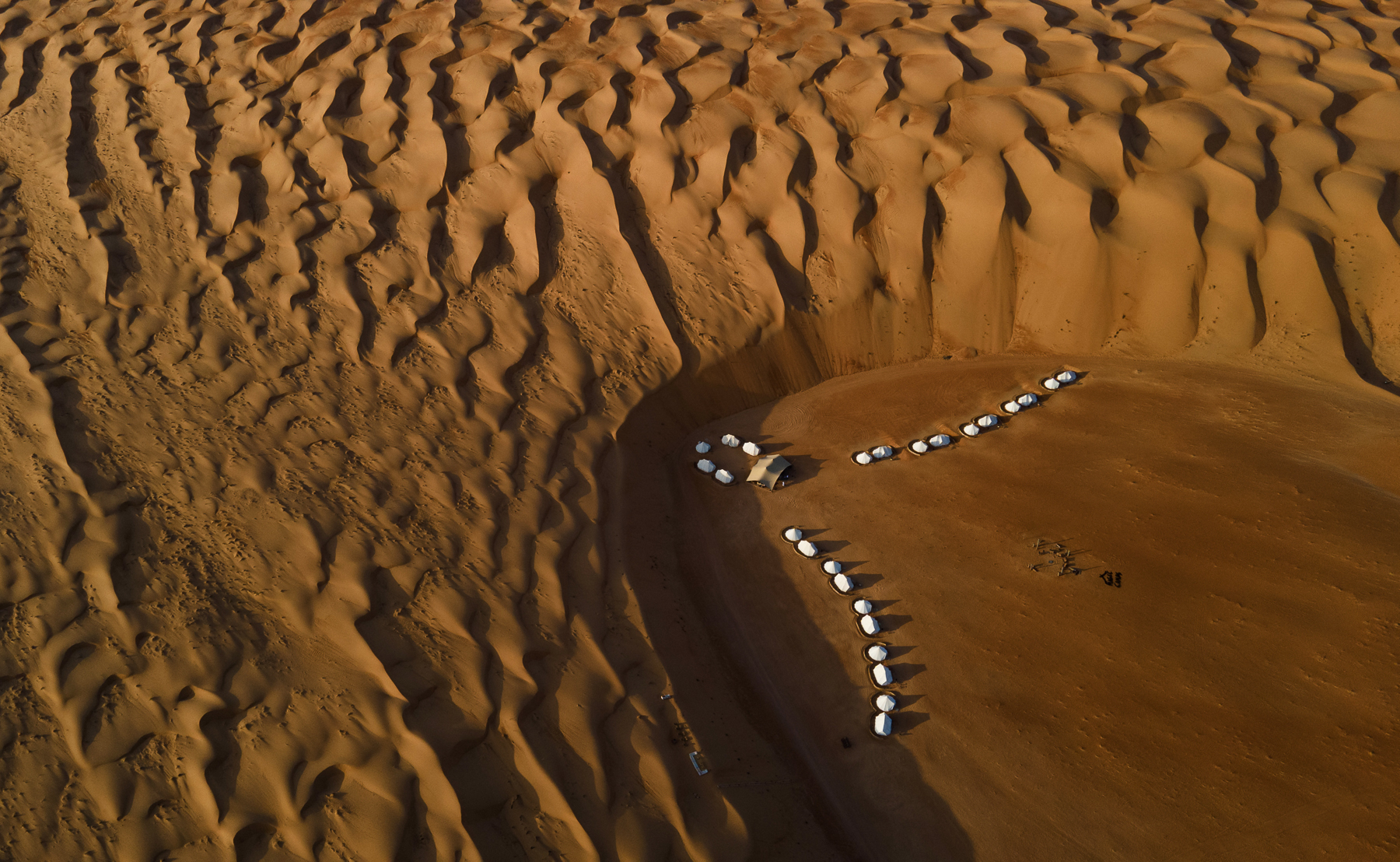 Drone shot of Magic Camps Wahiba Sands in the Sharqiya Sands in Oman