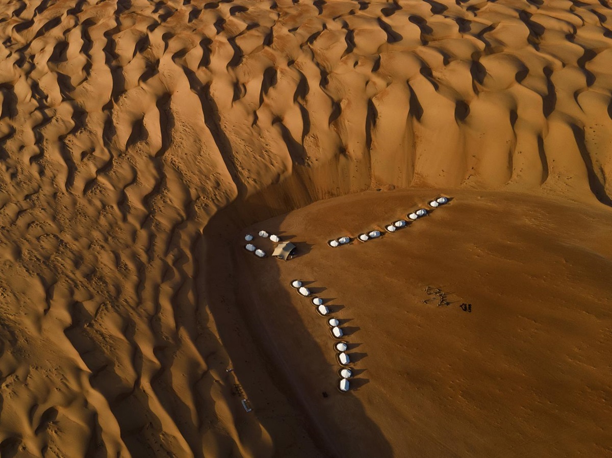 Drone shot of Magic Camps Wahiba Sands in the Sharqiya Sands in Oman