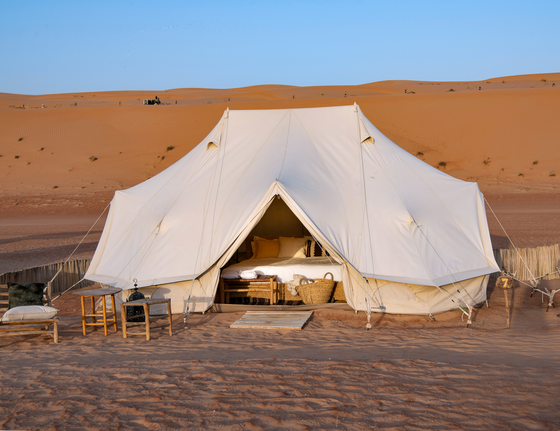Exterior view of a bedroom tent at Magic Camps Wahiba Sands in the Sharqiya Sands in Oman