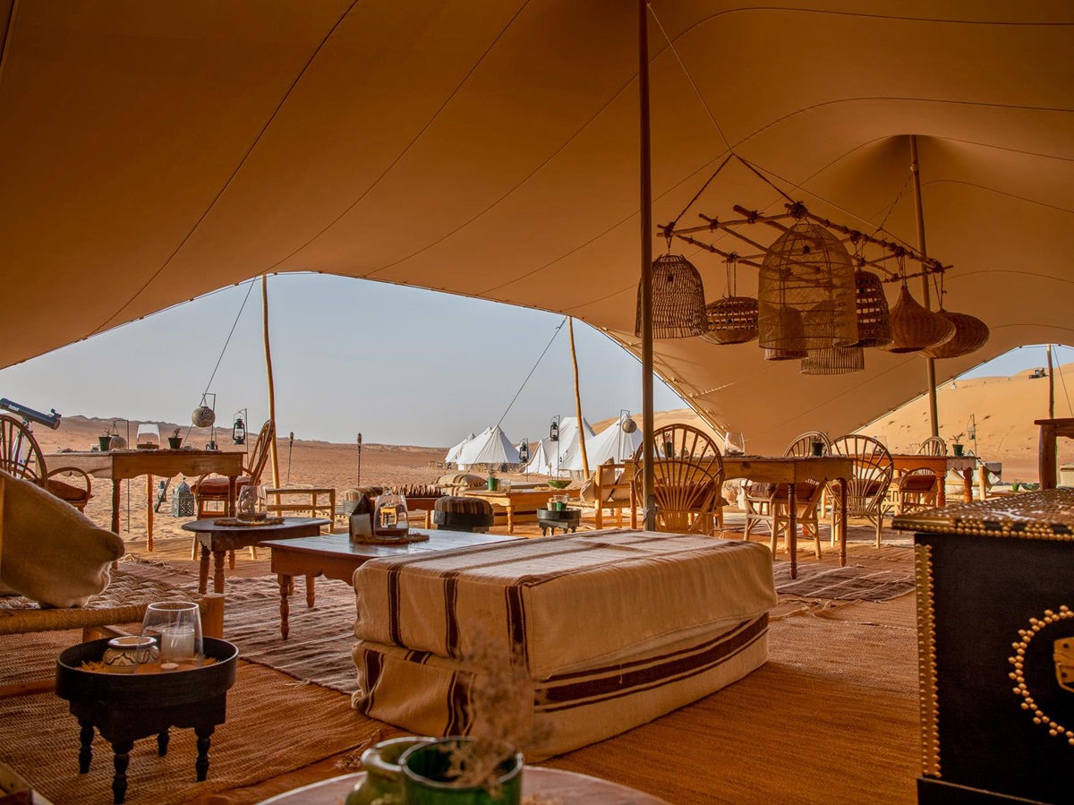 Interior of the Majlis at Magic Camps Wahiba Sands in the Sharqiya Sands in Oman
