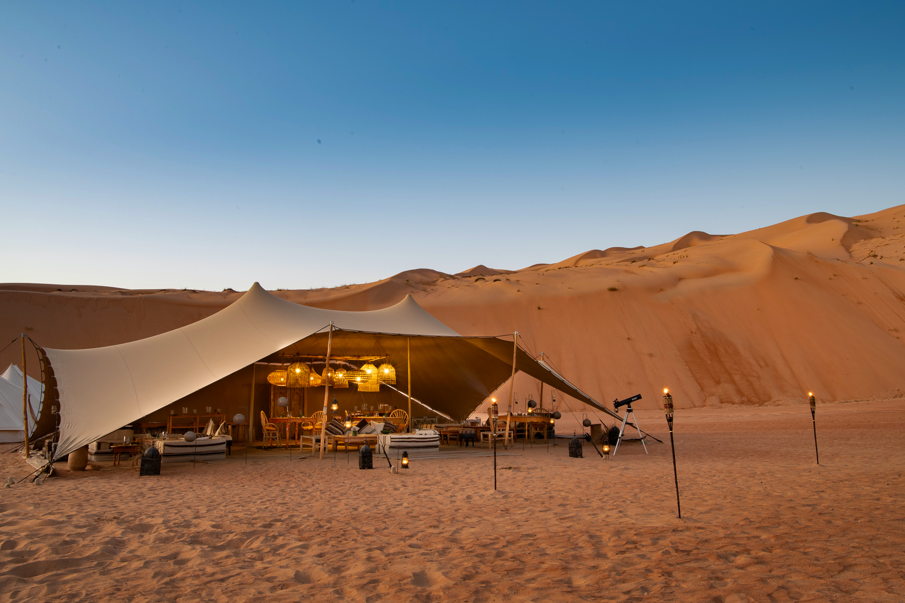 Exterior view of the Majlis tent at Magic Camps Wahiba Sands in the Sharqiya Sands in Oman