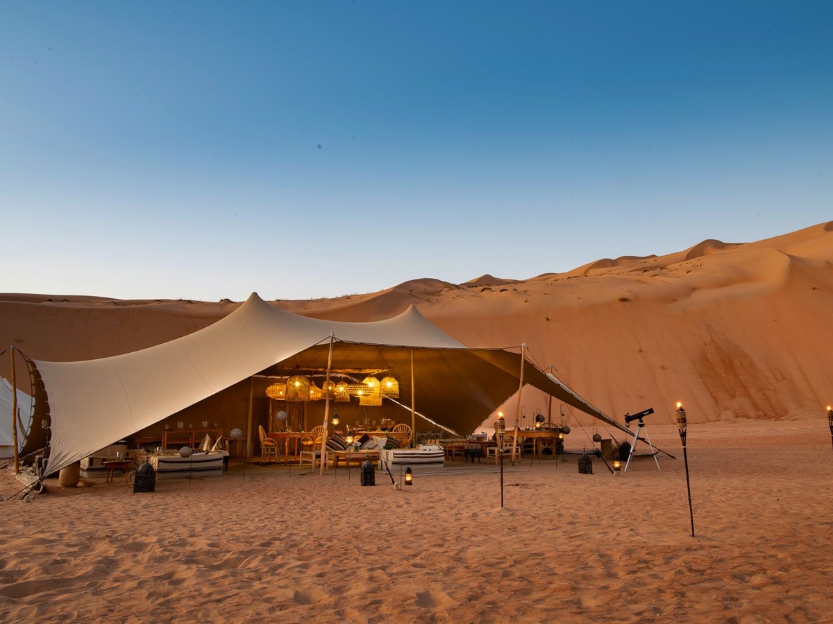 Exterior view of the Majlis tent at Magic Camps Wahiba Sands in the Sharqiya Sands in Oman