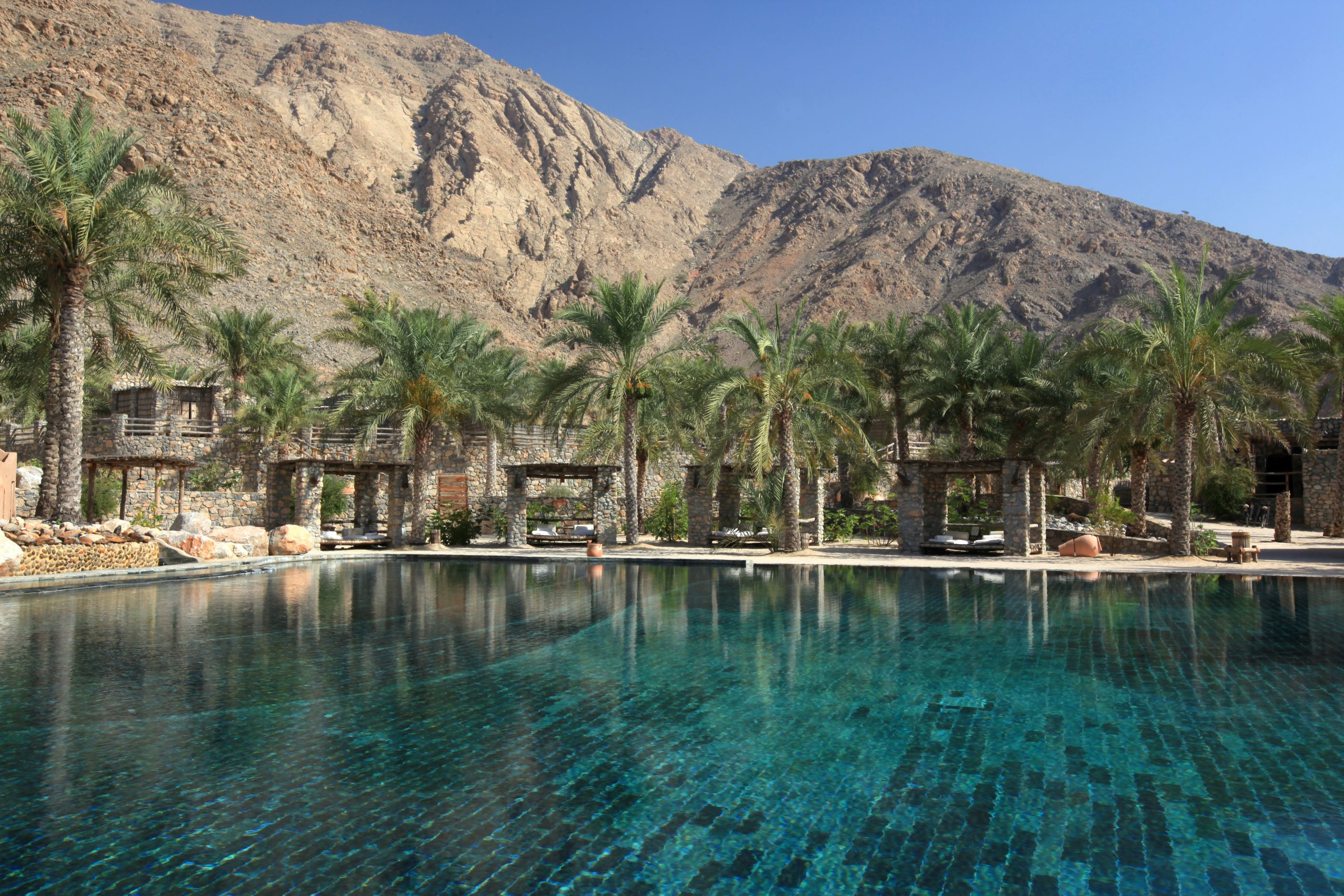 The central swimming pool of Six Senses Zighy Bay, Oman
