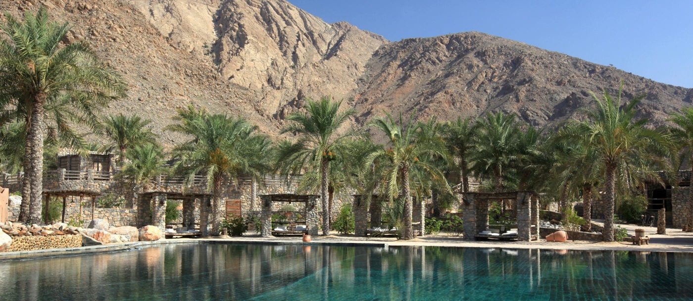 The central swimming pool of Six Senses Zighy Bay, Oman
