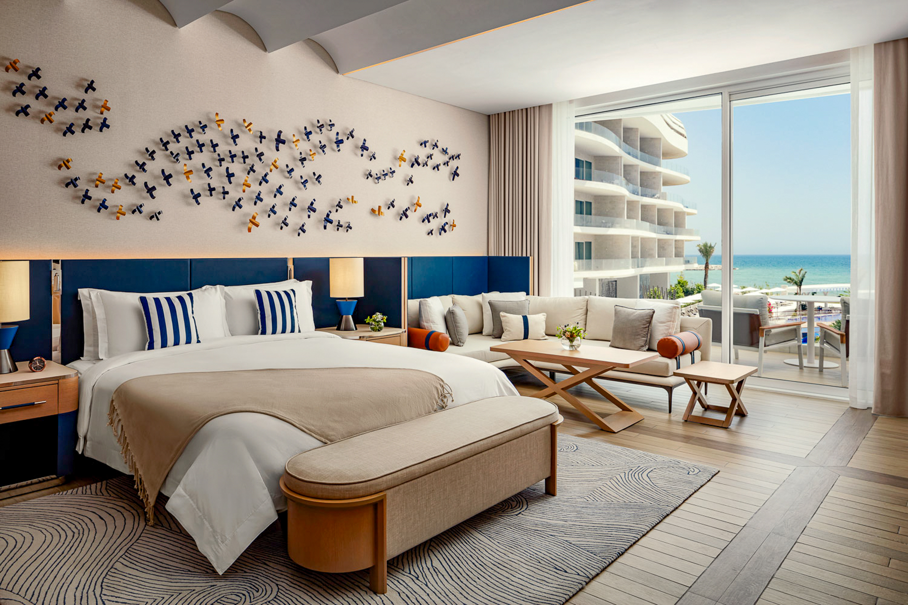 Guest suite with ocean views at St Regis Al Mouj Muscat Resort in Oman
