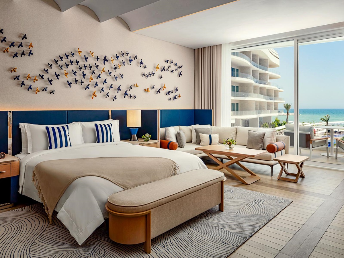 Guest suite with ocean views at St Regis Al Mouj Muscat Resort in Oman
