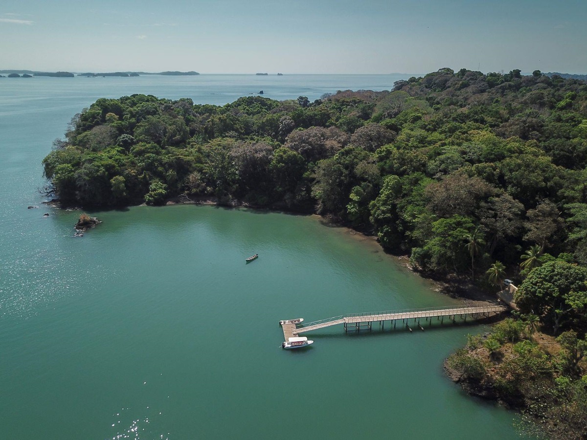 Aerial view of the dock at Isla Palenque in the Chiriqui region of Panama