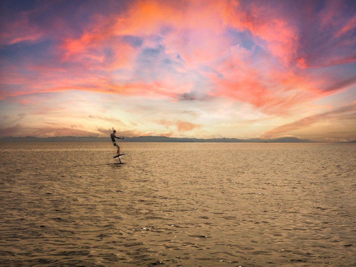Hydrofoil surfing on the grounds of Islas Secas resort in Panama