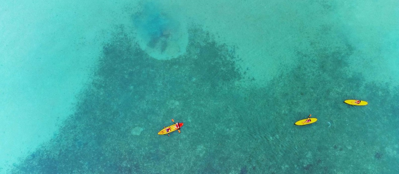 Aerial view of kayaking on the grounds of Islas Secas resort in Panama