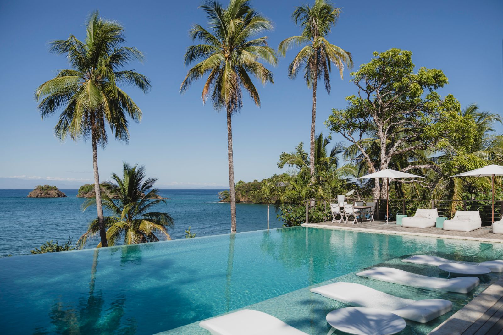Poolside with ocean view at Islas Secas resort in Panama