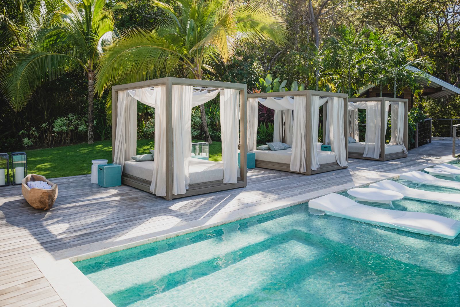 Poolside sunbeds at Islas Secas resort in Panama