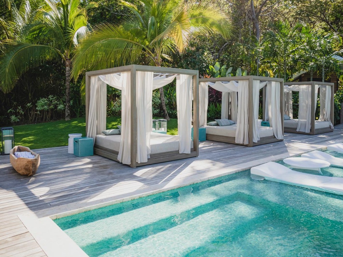 Poolside sunbeds at Islas Secas resort in Panama