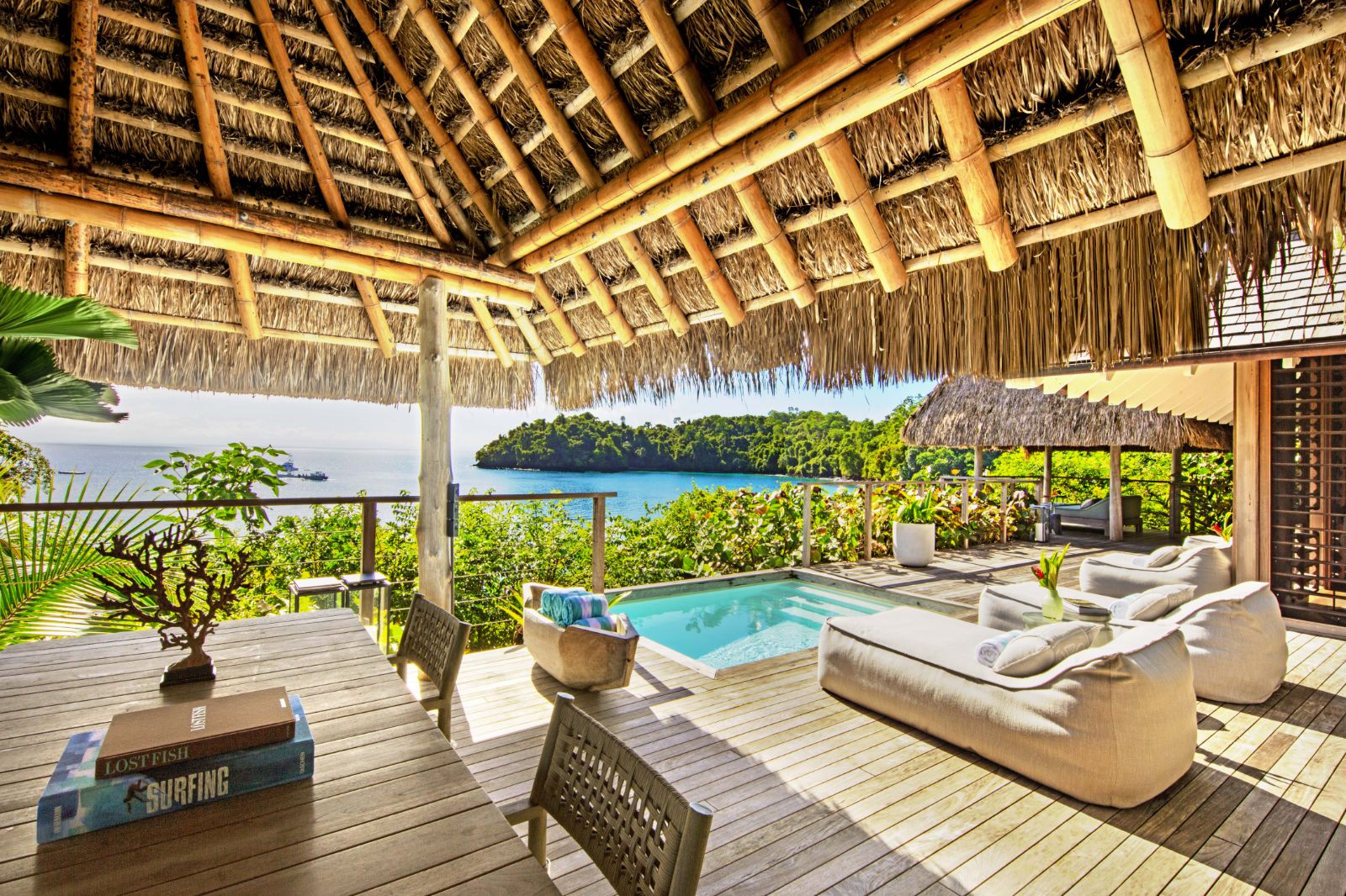 Terrace and poolside at Islas Secas resort in Panama