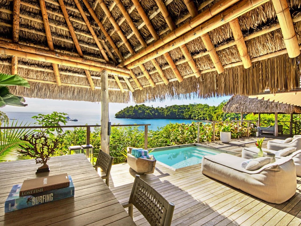 Terrace and poolside at Islas Secas resort in Panama