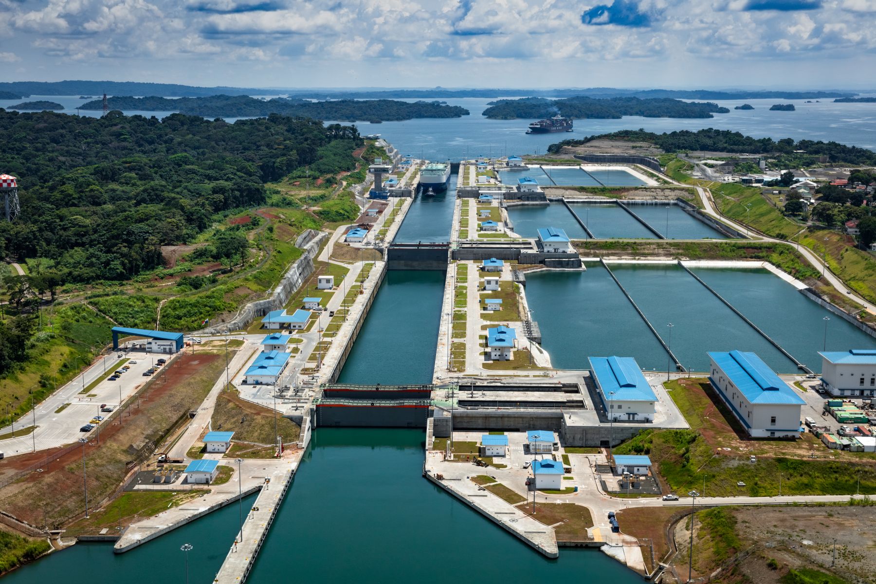 Aerial view of the Panama Canal in Panama City