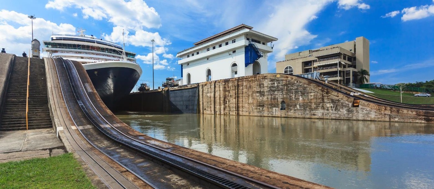 A ship approaching the locks of the Panama Canal