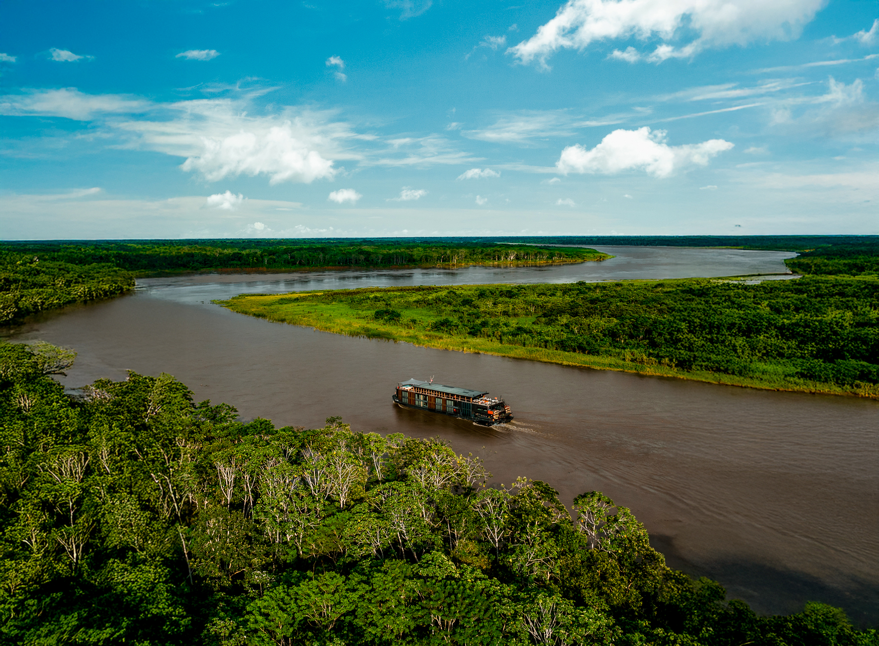 Aerial view of the Aqua Nera river cruiser on the Peruvian Amazon