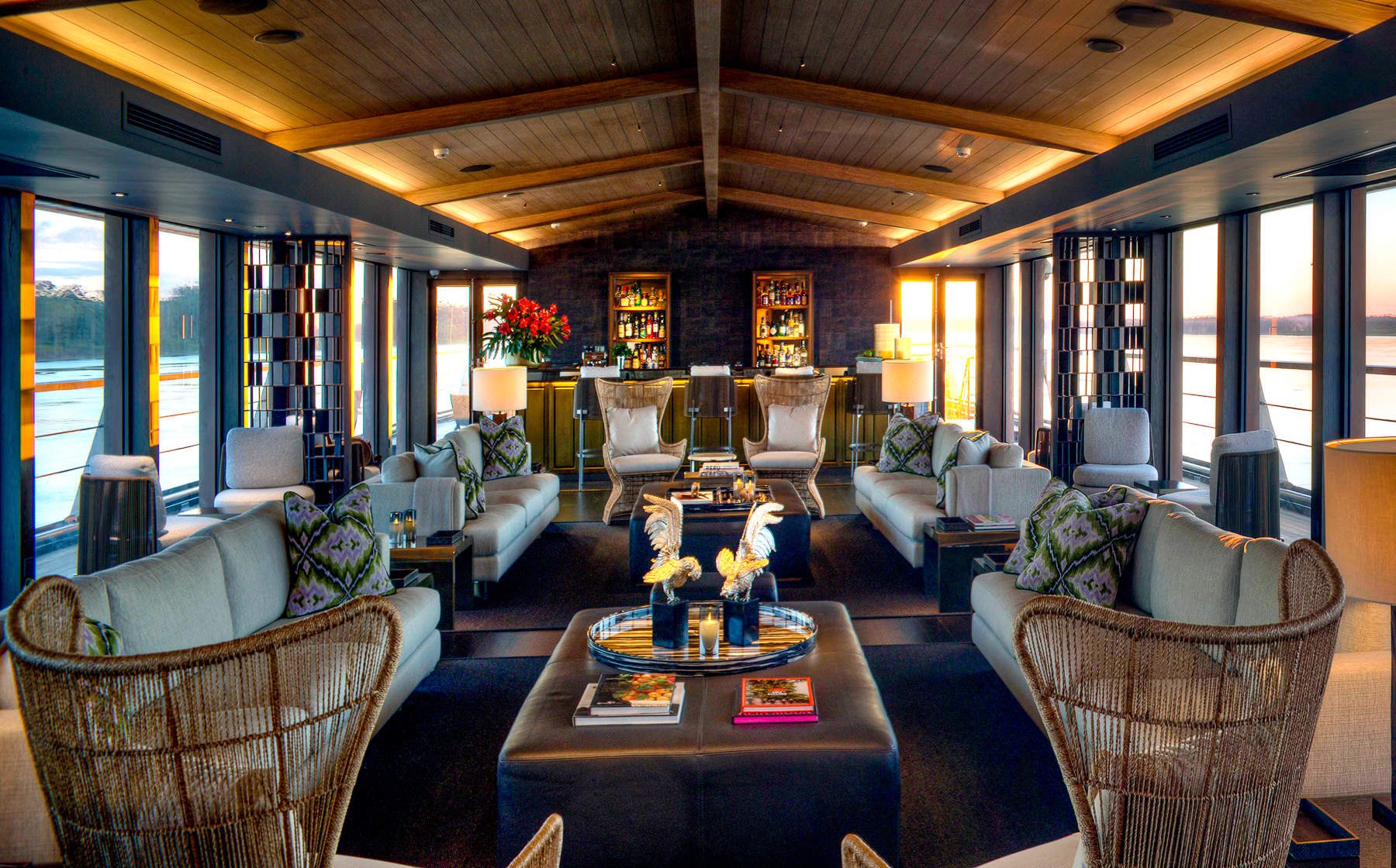 Indoor lounge and bar onboard the Aqua Nera river cruiser on the Peruvian Amazon