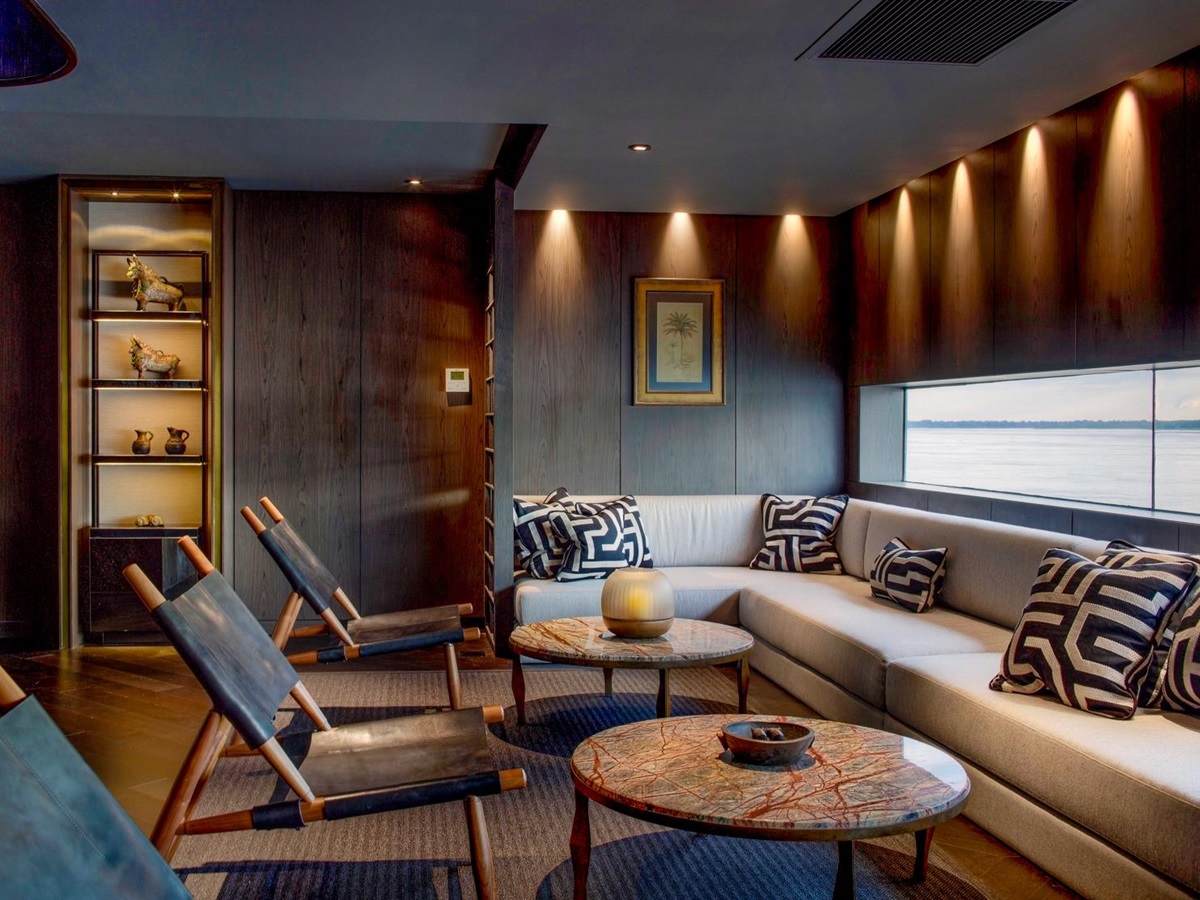 Saloon onboard the Aqua Nera luxury river cruiser on the Peruvian Amazon