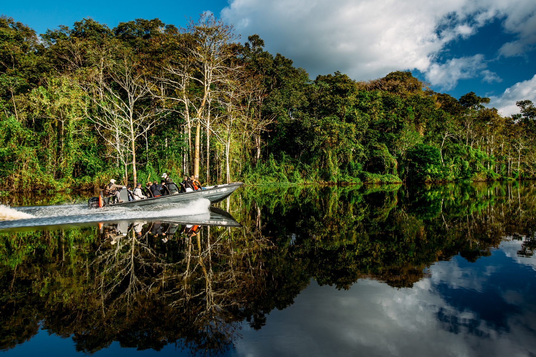 A skiff excursion from the Aqua Nera luxury river cruiser on the Peruvian Amazon