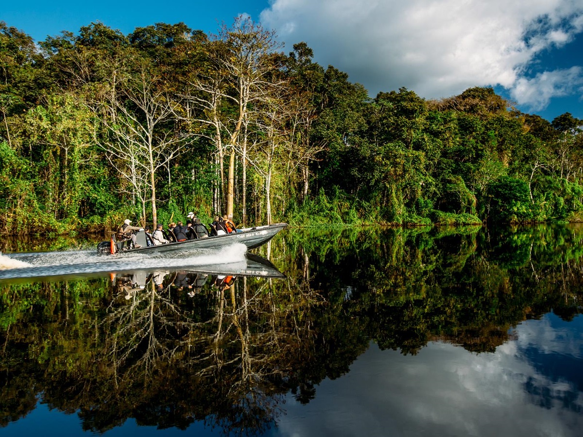 A skiff excursion from the Aqua Nera luxury river cruiser on the Peruvian Amazon