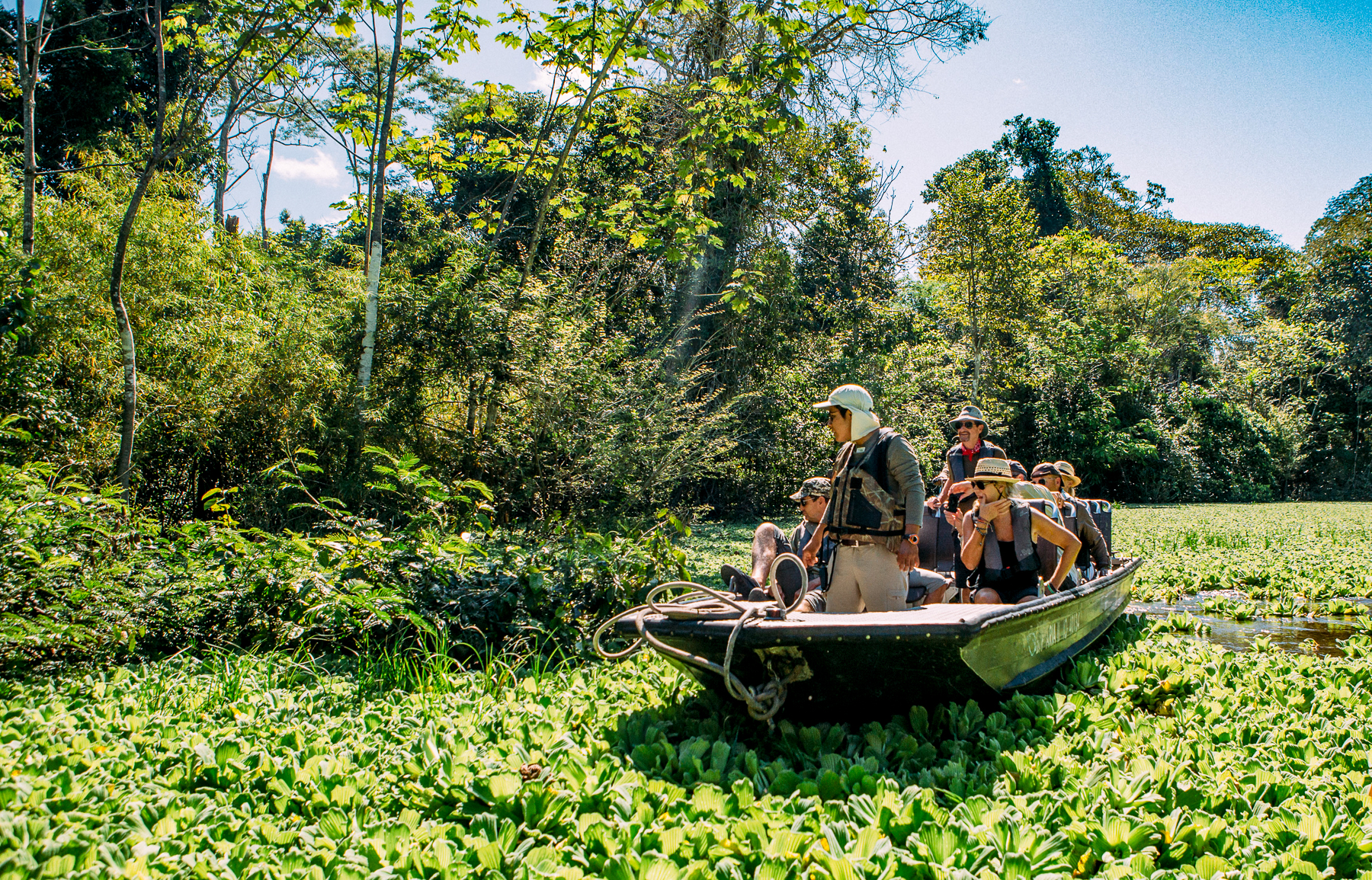 Guests on a skiff tour from the Aqua Nera luxury river cruiser on the Peruvian Amazon