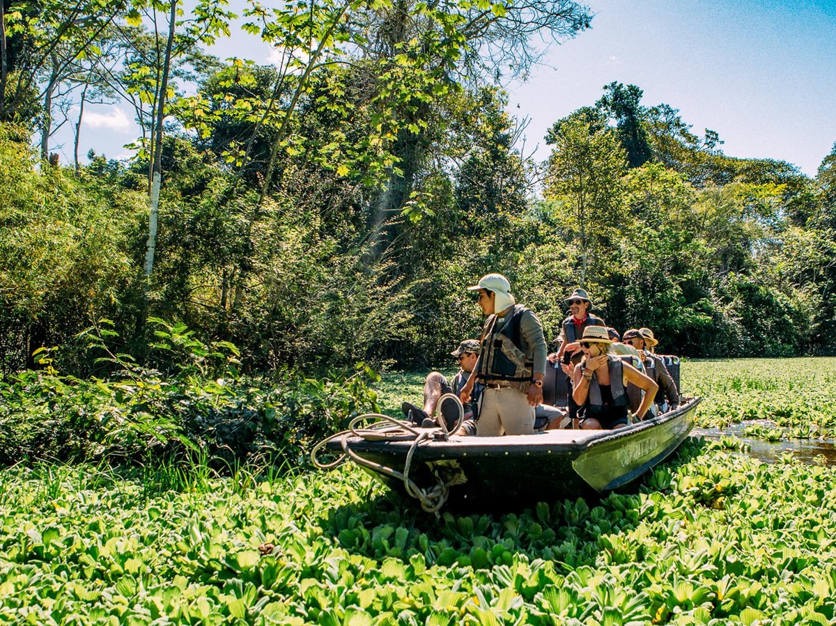 Guests on a skiff tour from the Aqua Nera luxury river cruiser on the Peruvian Amazon