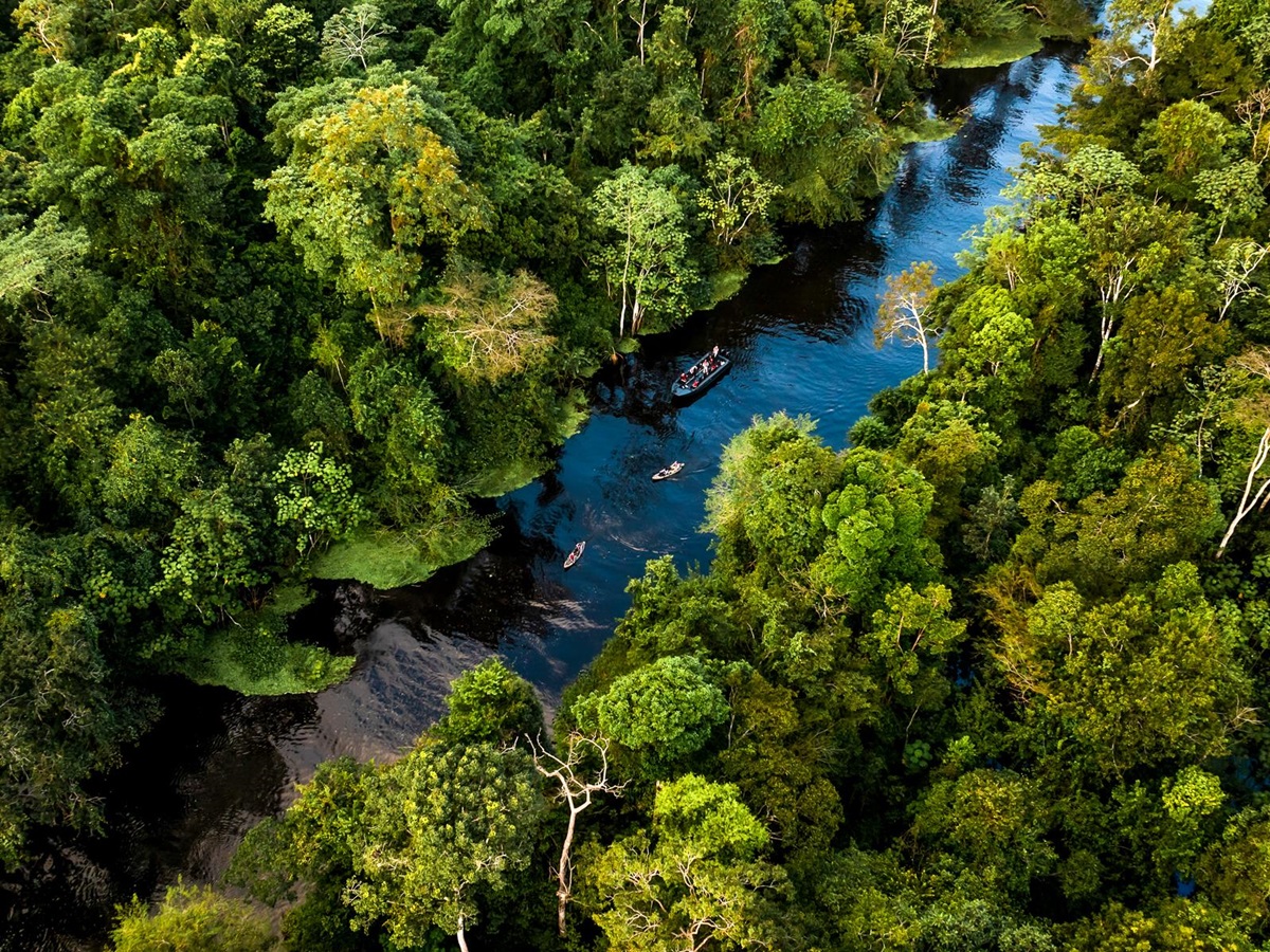 Aerial view of a skiff tour from the Aria Amazon luxury river cruiser in Peru