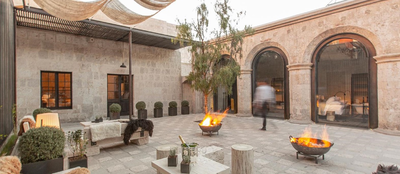 Courtyard and firepits at Cirqa hotel in Arequipa Peru