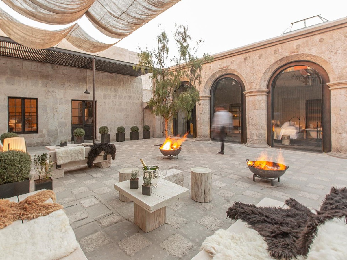 Courtyard and firepits at Cirqa hotel in Arequipa Peru